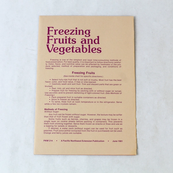 Freezing Fruits and Vegetables Vintage June 1981 Folded Paper Guide
