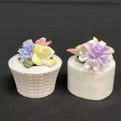 Sandford Bone China Flower Basket And Heart Paperweights With Applied Flowers