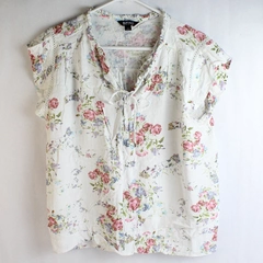 Buffalo David Bitton Blouse Short Sleeve White Floral Crochet Detail Size Large