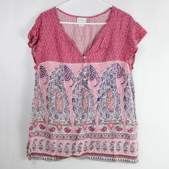 Liz Claiborne Women's Pink Multicolor Pattern Short Sleeve Button Blouse Size XL