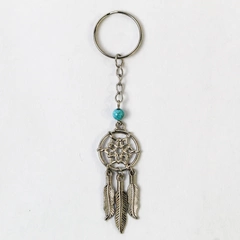 DreamCatcher Key Chain Keyring Silver Tone Simulated Turquoise Dangle Feathers