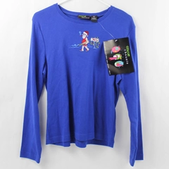 NWT Onque Casuals Blue Beach Santa Claus Christmas Sweater Women's Size Medium