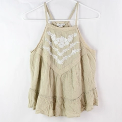 Japna Women's Beige Halter Fit & Flare Tank Top with Embroidered Flowers Size M