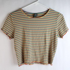 Wild Fable Women's Large V Neck Rainbow Striped Short Sleeve Lettuce Edge Top