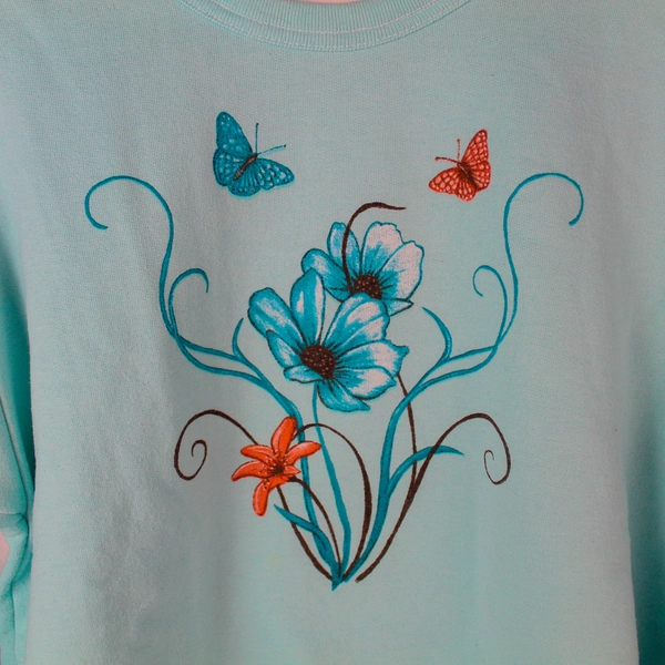 Vintage PFI Fashions Inc Women's Blue Butterfly Flower Sweatshirt Size Medium