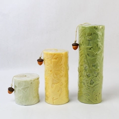 Set of 3 Hallmark Green-Yellow Leaf and Acorn Pattern Candles 9", 6" & 3" Tall