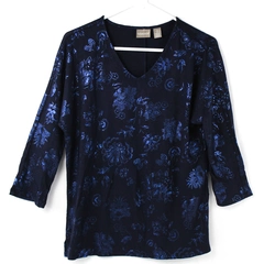 Chico's Women's Blue Metallic Flower Pattern V-Neck Top 3/4 Sleeve Chico's Sz 0