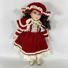 Seymour Mann Porcelain Doll 15.5 Inch Brown Ringlets Red Velvet Hat And Dress