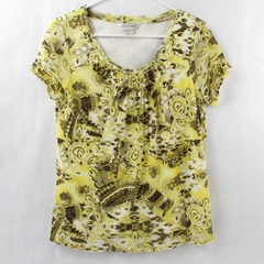 Christopher & Banks Women's Yellow White Brown Floral Print Top Blouse Size S