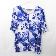 Chico's Women's Purple Petal Pattern Short Sleeve V Neck Blouse Size 1 