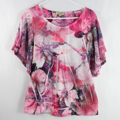 One World Women's Pink & Purple Splashes Lace Short Sleeve Blouse Size Medium