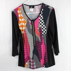 Libra Women's Half Zip Black Sleeve Multicolor Bodice Blouse Top Size L/G