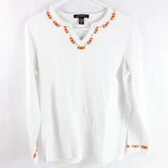 Designers Originals Women's White V Neck Long Sleeve w/ Pumpkin Embroidery Sz M