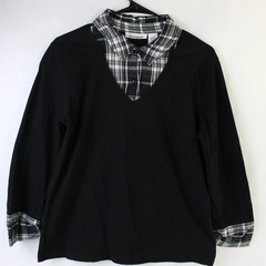 Serengeti Black and Plaid Collared Long-Sleeve Cotton Top Women's Size Medium