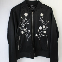 A New Approach Black White Floral Embroidered Full-Zip Jacket Women's Size Large