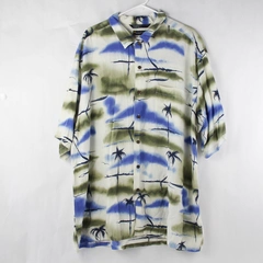 Vintage Nautica Mens Linen Blend Green & Blue Palm Tree Pattern Button Up Sz XXL