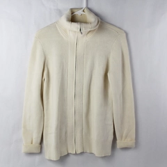 Liz Claiborne Women's Collared Long Sleeve Zip Up Cream Knit Sweater Size PL