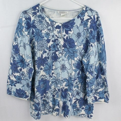 Christopher & Banks Blue White Floral Button Up Cardigan 3/4 Sleeve Women's Sz L