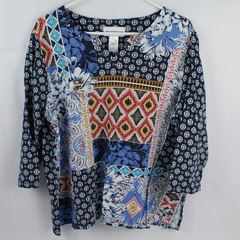 Alfred Dunner Women's Multicolor Pattern V Neck 3/4 Sleeve Tunic Top Size Large