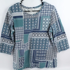 Christopher & Banks Women's Blue Teal Pattern 3/4 Sleeve Shirt Size Large 