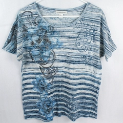 Christopher & Banks Women's Short Sleeve T-Shirt Blue Rhinestone Pattern Size M