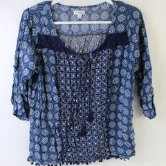 Great Northwest Indigo Women's Blue Pattern 3/4 Sleeve Blouse Tunic Top Sz 3X