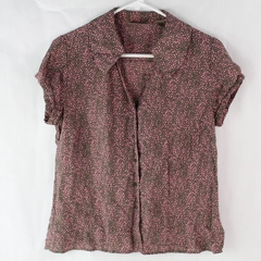 I.E Women's Brown Pink Polka Dotted Collar Puff Sleeve Button Up Blouse Size M