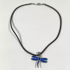 Silver Tone Metal And Blue Opal Inlay Dragonfly Corded Necklace Made In Mexico
