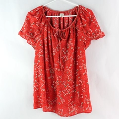 Max Studio Women's Red & White Detail Floral Tie Lightweight Blouse Size M 