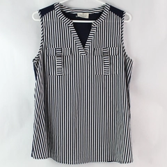 Ember Women's Navy Blue and White Striped V Neck Sleeveless Blouse Size M
