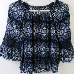 INC International Concepts Blue Patterned Ruffles Beachy Blouse Women's Medium