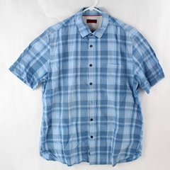 Alfani Men's Blue Plaid Slim Fit Short Sleeve Button Up Shirt Size L 100% Cotton