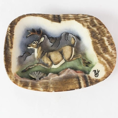 Vintage Hand Carved Bone Deer Landscape Belt Buckle 1985