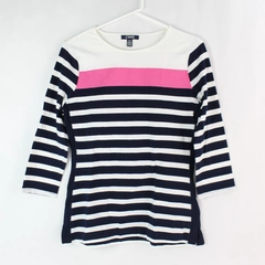 Chaps Women's White Blue & Pink Striped 3/4 Sleeve Jersey Top Size M