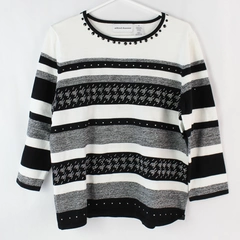 Alfred Dunner Women's White Black Gray Striped Rhinestone Accent Sweater Sz S