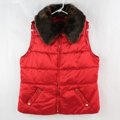 Jones New York Women's Satin Puffer Removable Fur Lined Collared Vest Size L