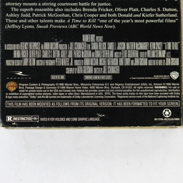 A Time to Kill VHS 1996 Sandra Bullock Matthew McConaughey Samuel L. Jackson