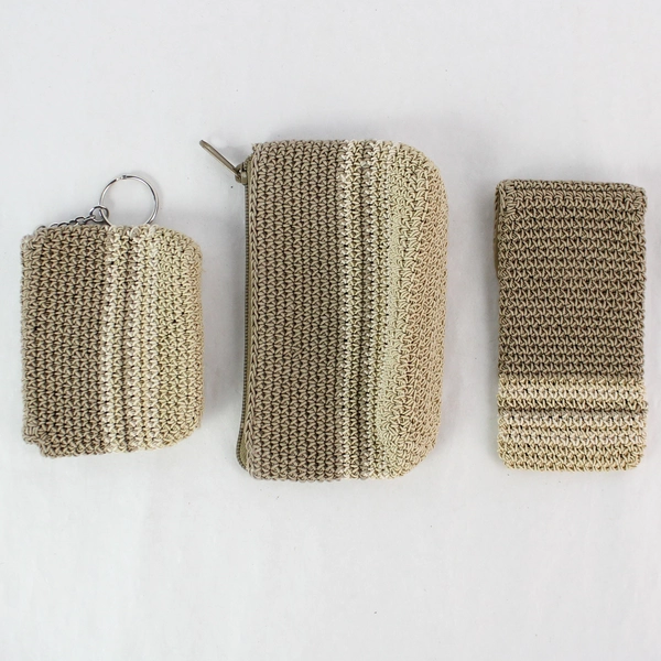 Set of 3 Small Beige Woven Easy Fasten Zipper Closures Accessory Pouches