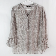 A.N.A. Women's Gray White Sheer Long Sleeve Quarter Button Up Blouse Size L