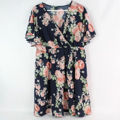 Shein Curve Women's Dark Blue Floral Short Sleeve Crossover Long Blouse Size XL