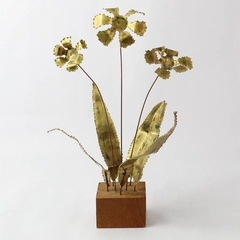 Gold Luster Metal Flower Welding Sculpture with Wood Block Base 13.5 Inches Tall