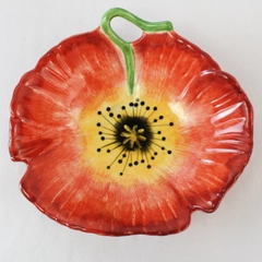 Signed Handmade Red Flower-Shaped Shallow Decorative Ceramic Bowl 7x6.25"