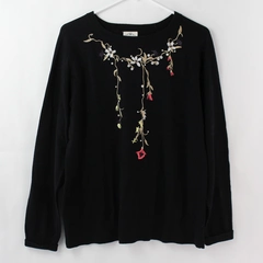 St. John's Bay Women's Black Floral Embroidery & Pearls Sweater Size Large 