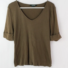 Ralph Lauren Brown Rolled Sleeve 1/4 Sleeve V-Neck Top Women's Medium