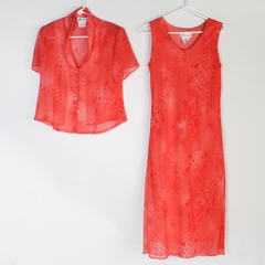 Dressbarn 2-Piece Set Women's Sleeveless Lined Dress SS Jacket Floral Coral Sz 8