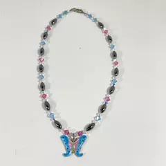 Hematite And Glass Bead Butterfly Pendant Necklace 18 Inch