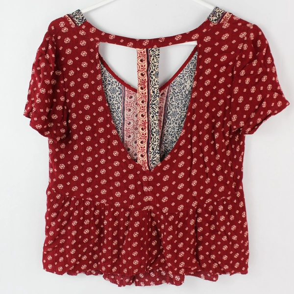 Forever 21 Red Navy Peasant Style 1/2 Button Up Blouse Women's Small