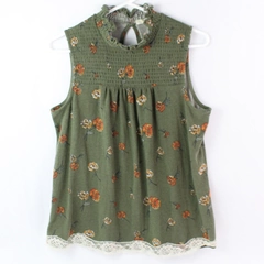 Rewind Green Floral Print Sleeveless Top with Lace Trim Women's Size Medium