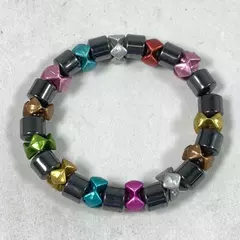 Hematite And Rainbow Plastic Bead Stretch Bracelet