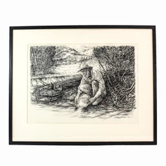 Signed and Framed John G. Collias Gold Panner Original Ink Artwork 25x31"
